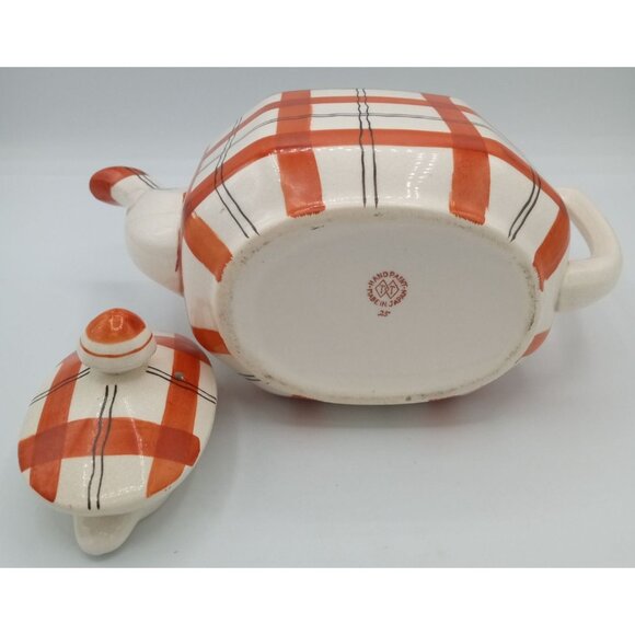 Red Plaid Teapot Vintage Takito Company Japan Hand Painted Crazed 9 Inch Serving - Picture 12 of 16